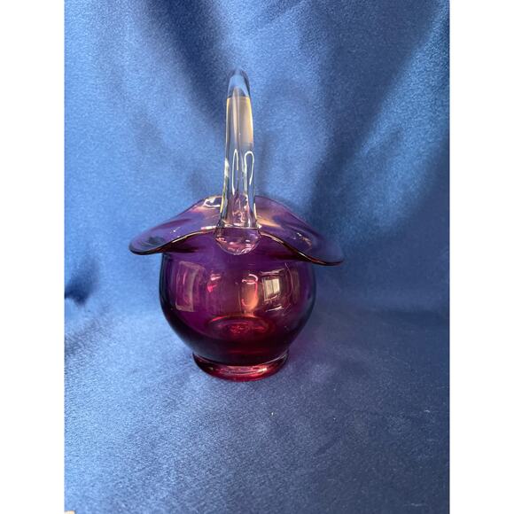 Pilgrim Art Glass Cranberry Basket with Clear Handle - Picture 3 of 7